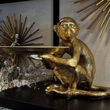 ESCULTURA Y CHAROLA DECORATIVA CHANGO SENTADO EN RESINA DORADA