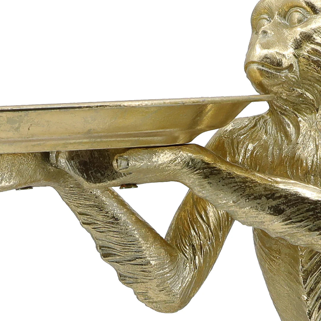 ESCULTURA Y CHAROLA DECORATIVA CHANGO DE PIE EN RESINA DORADA