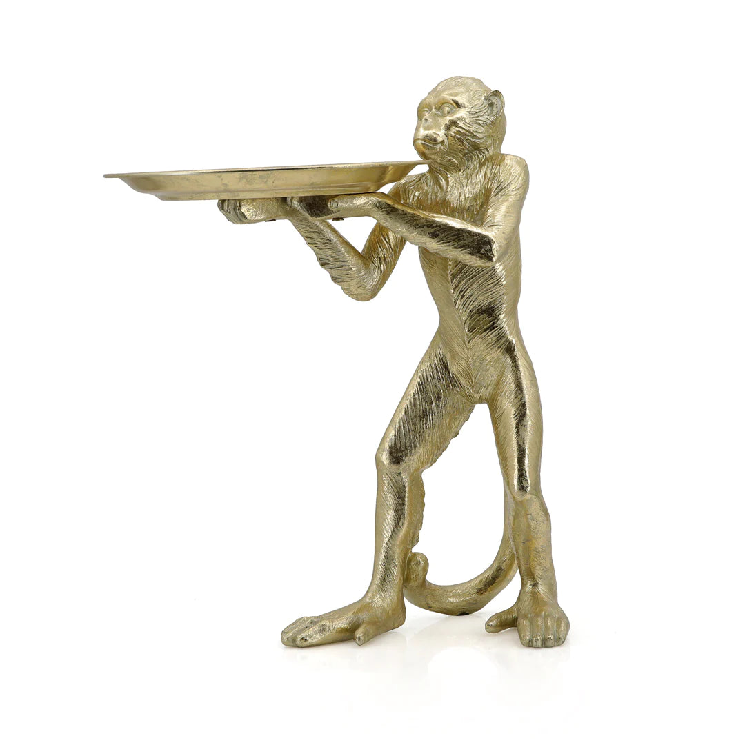 ESCULTURA Y CHAROLA DECORATIVA CHANGO DE PIE EN RESINA DORADA
