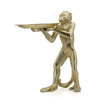 ESCULTURA Y CHAROLA DECORATIVA CHANGO DE PIE EN RESINA DORADA